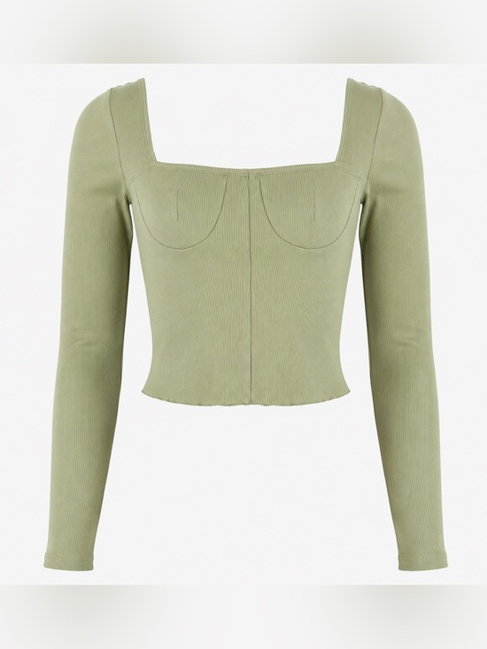 Princess Polly Tops - Princess Polly Sage Green Ribbed Long Sleeve Corset Crop Top Size 6